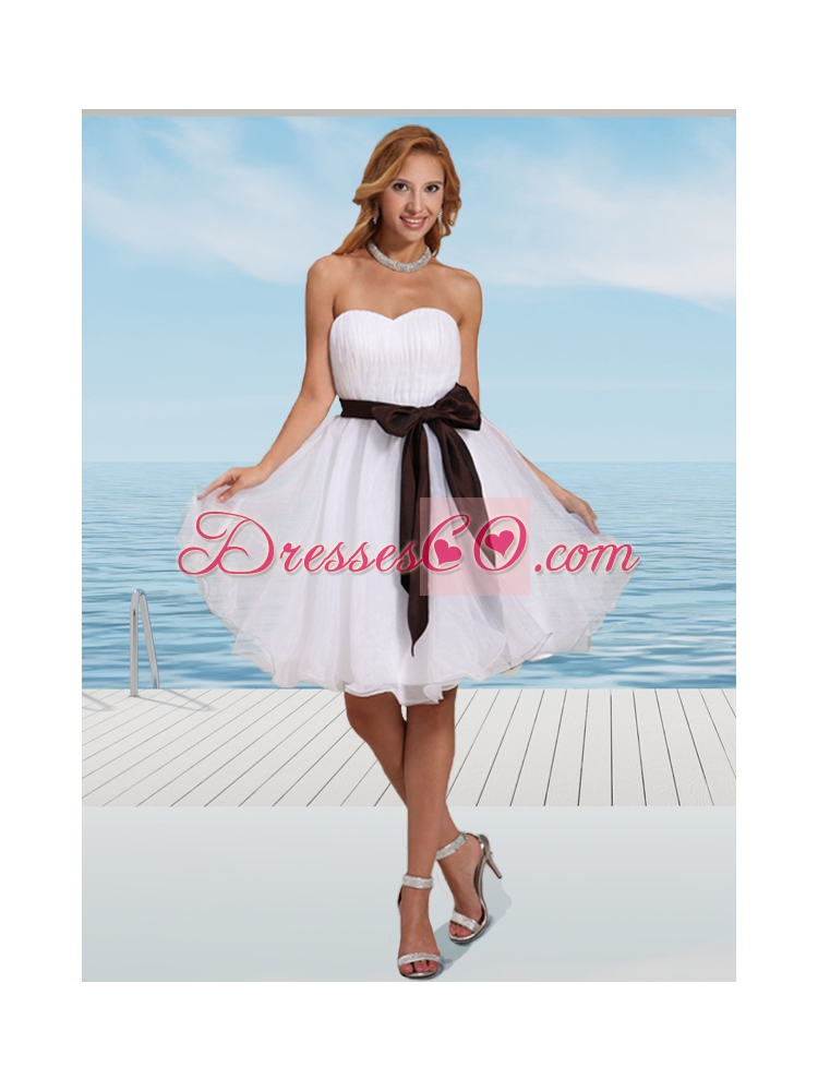 Simple White Organza Prom Dress with Ruching and Sash