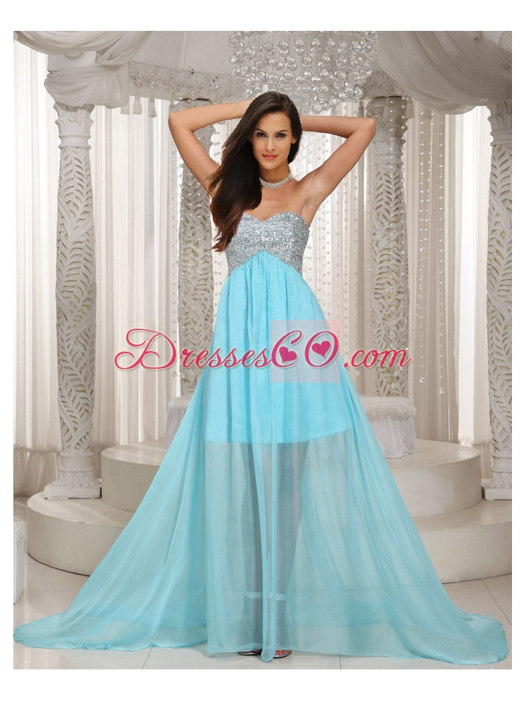 Special Design Beaded Aque Blue Prom Dress with Brush Train