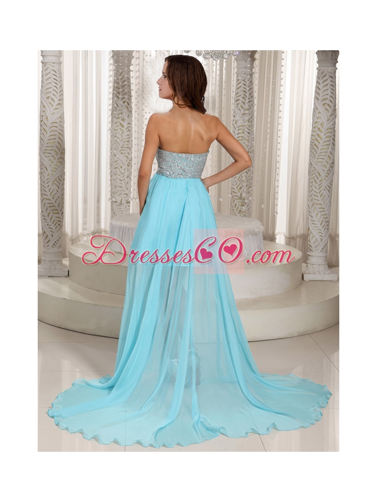Special Design Beaded Aque Blue Prom Dress with Brush Train