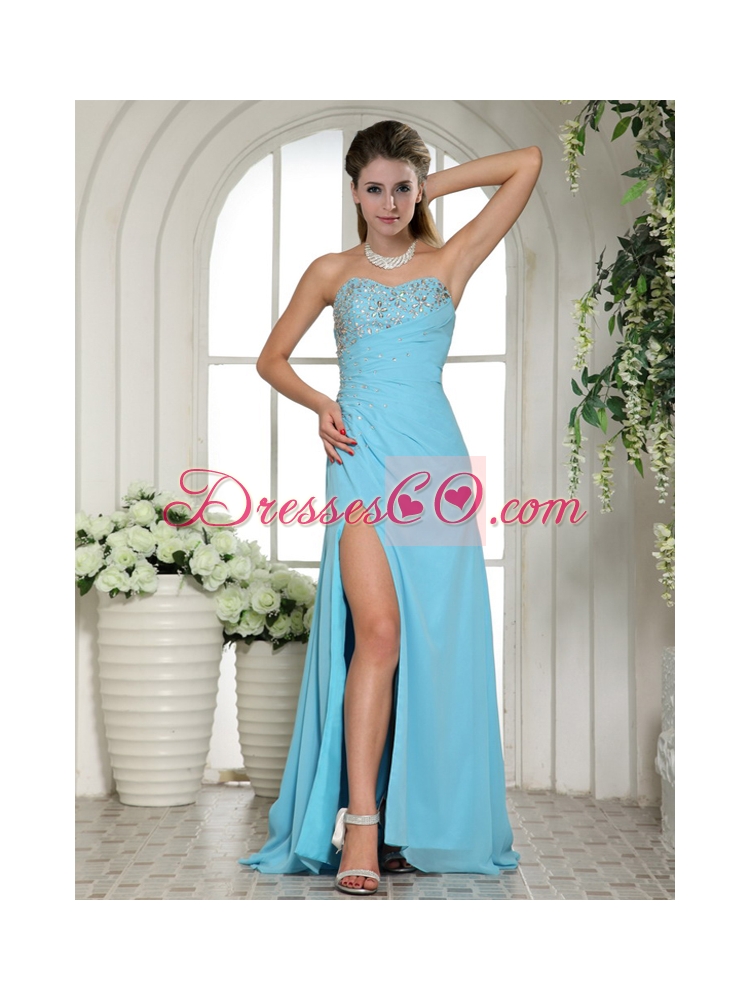 High Slit Beaded Aqua Blue Prom Dress with Brush Train