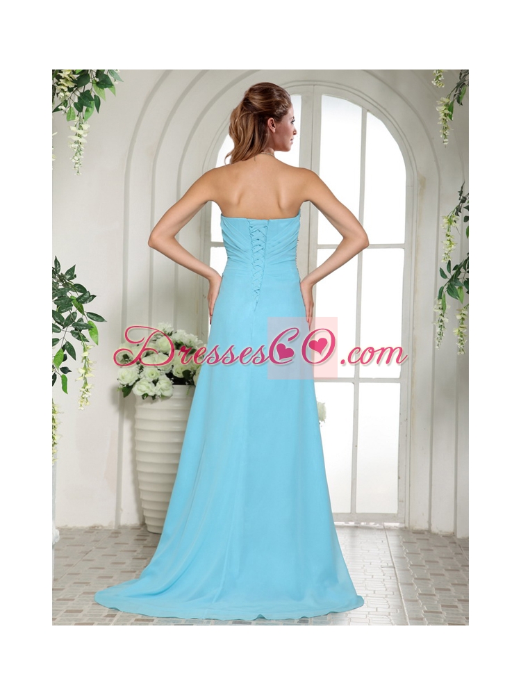 High Slit Beaded Aqua Blue Prom Dress with Brush Train