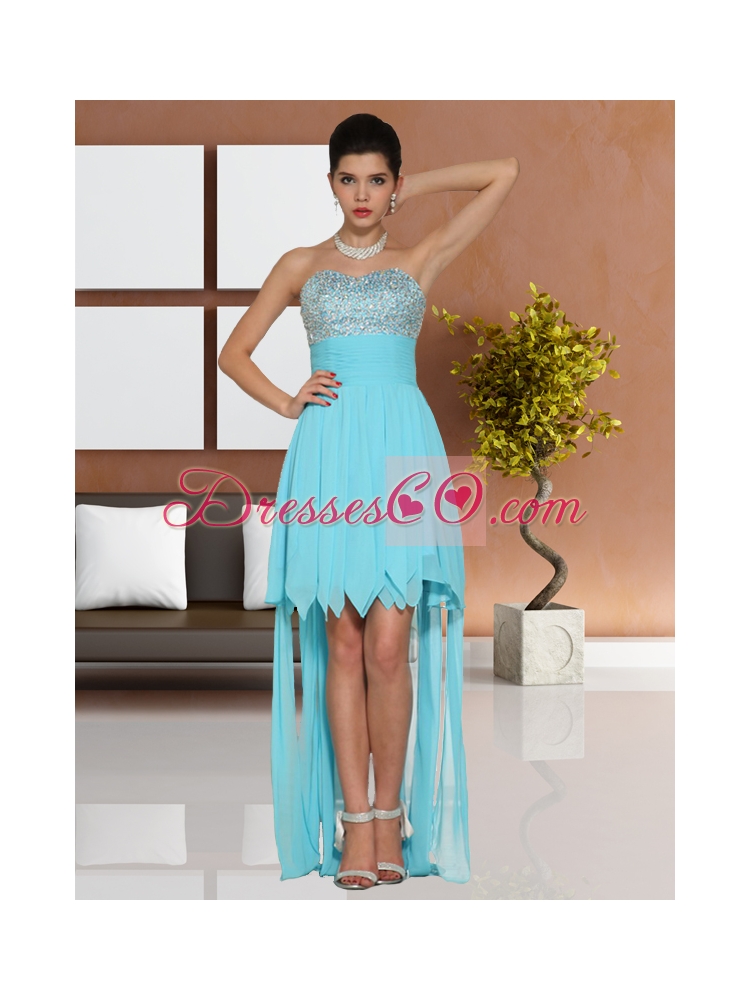 Aqua Blue Chiffon Empire Prom Dress with Beading