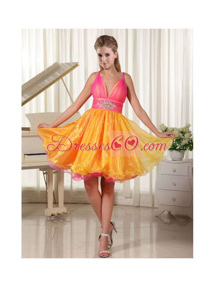 Colorful Princess Straps Organza Prom Dress  with Beaded Decorate