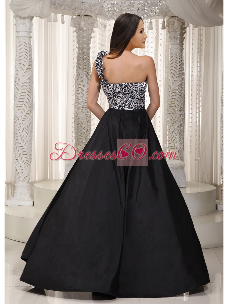 Column One Shoulder Ruched Leopard Black and White Prom Dress