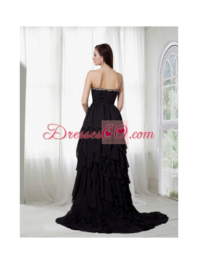 Elegant Chiffon Black High Low Beading Prom Dress