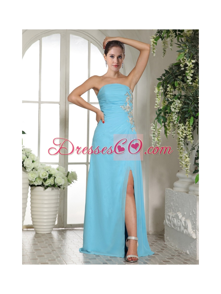 Empire High Slit Strapless Baby Blue Prom Dress with Ruches and Appliques