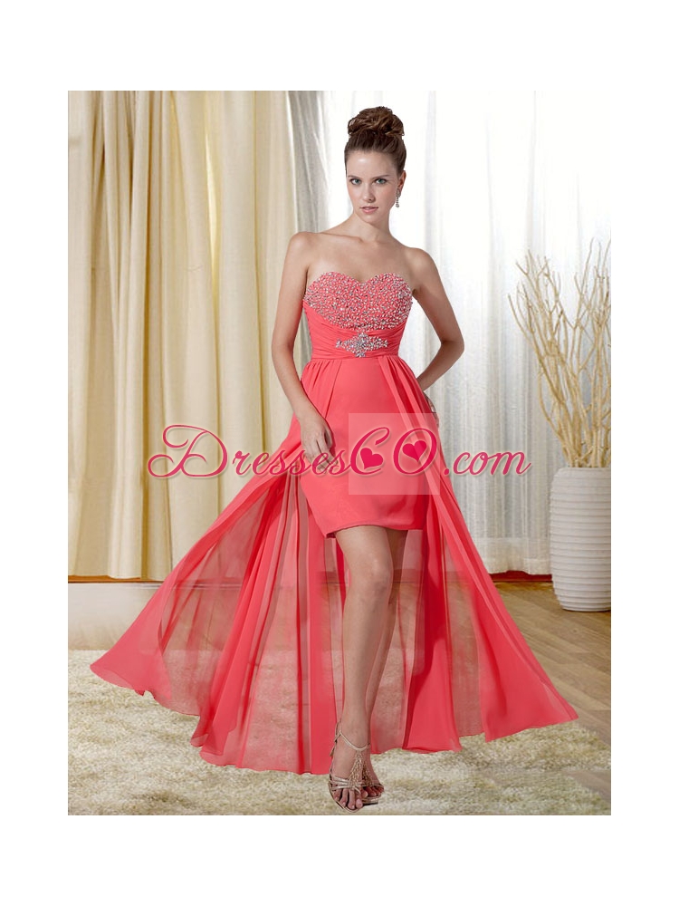 Fashionable Beading and Ruching Column Prom Dress in Watermelon Red