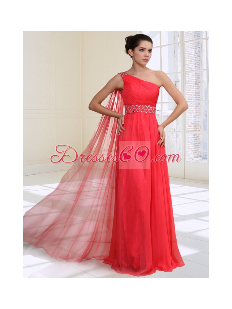 Gorgeous Empire Beading One Shoulder Prom Dress in Coral Red