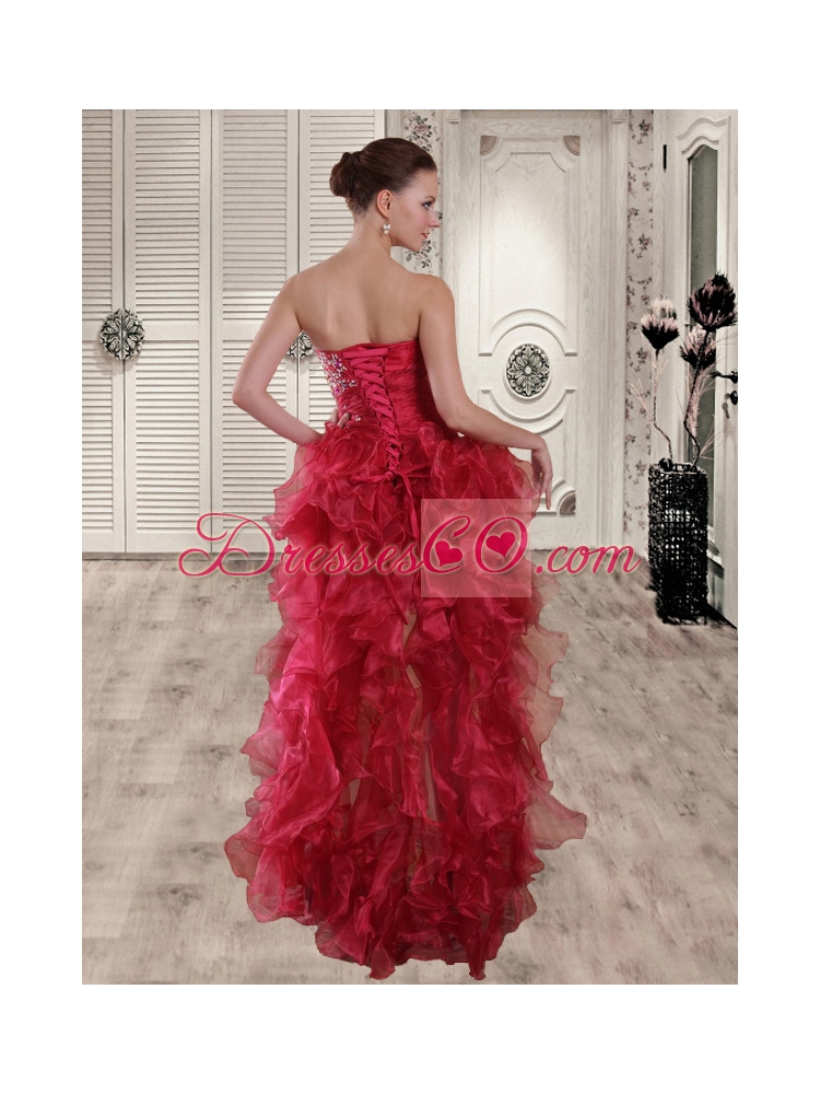 Gorgeous Red Column High Low Beading Prom Dress