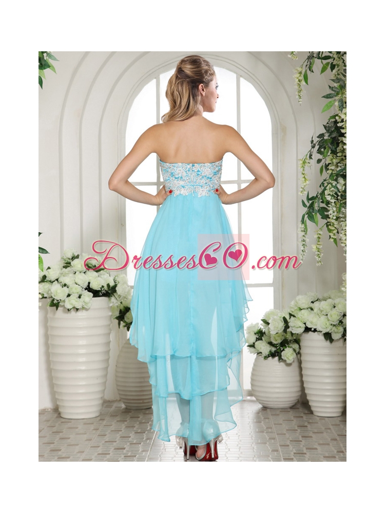 Modest High Low Appliques Aqua Blue Chiffon Prom Dress