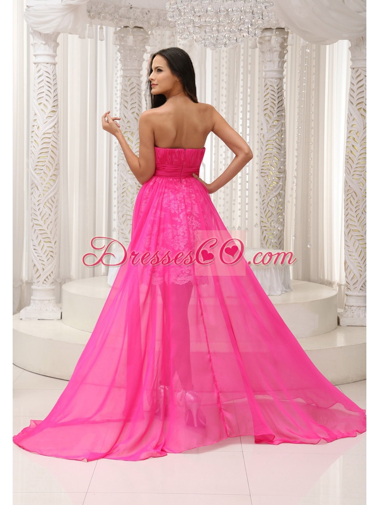 Pleating High Low Hot Pink Sashed Strapless Prom Dress with Lace