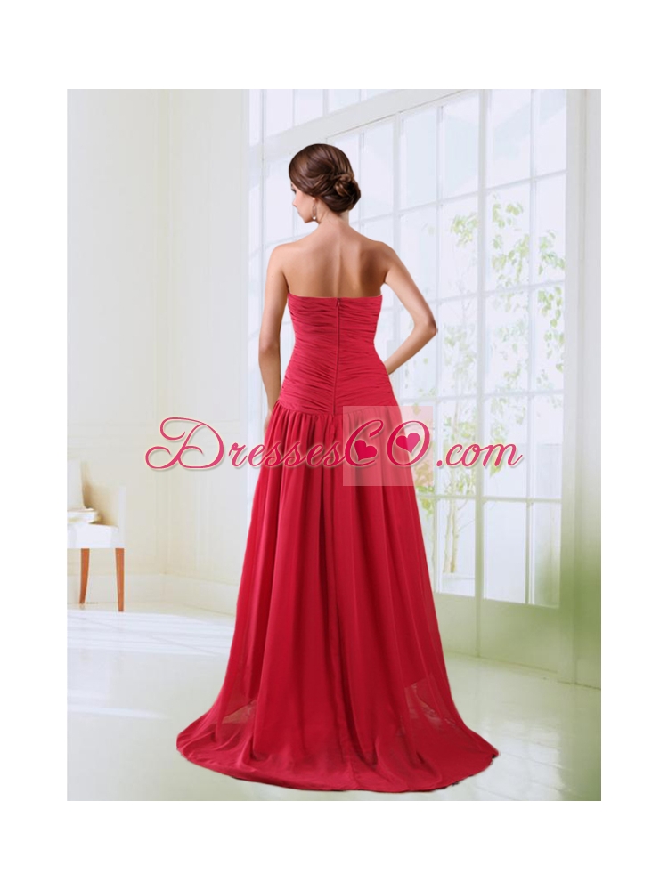Red High Low Prom Dress with Beading and Ruching
