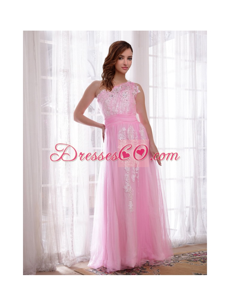 Tulle and Taffeta Embroidery and Rhinestones  Column One Shoulder Evening Dress in Pink