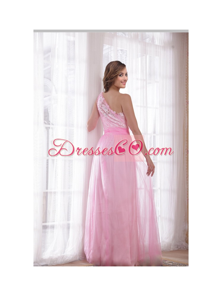 Tulle and Taffeta Embroidery and Rhinestones  Column One Shoulder Evening Dress in Pink