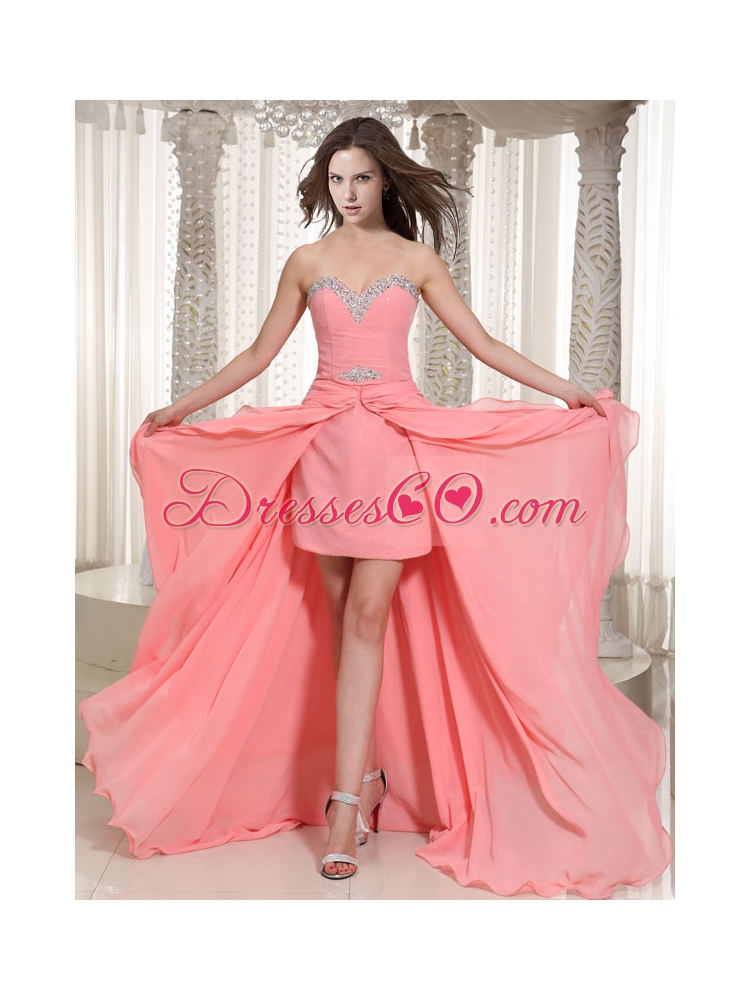 Watermelon High Low Chiffon Wonderful Prom Dress With Beading
