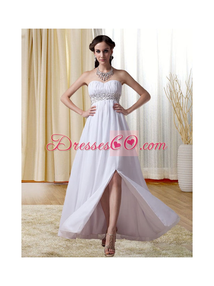 White Empire Beading and Ruching Prom Dress with Zipper
