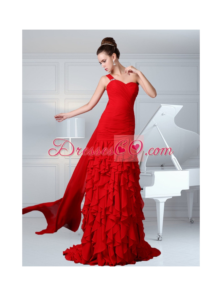 One Shoulder Ruching Column Chiffon Watteau Train Prom Dress in Red
