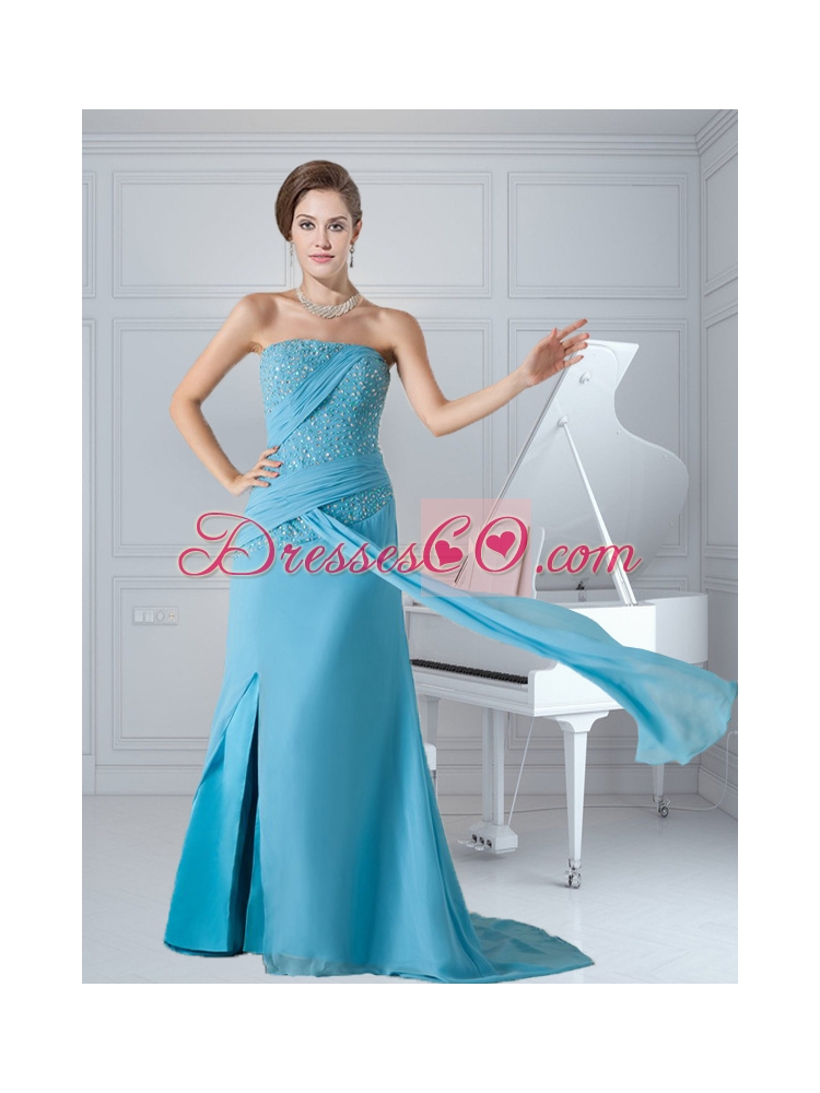 Column Strapless Aqua Blue Chiffon Beaded and Ruched Prom Dress with Brush Train