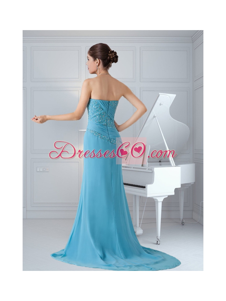 Column Strapless Aqua Blue Chiffon Beaded and Ruched Prom Dress with Brush Train
