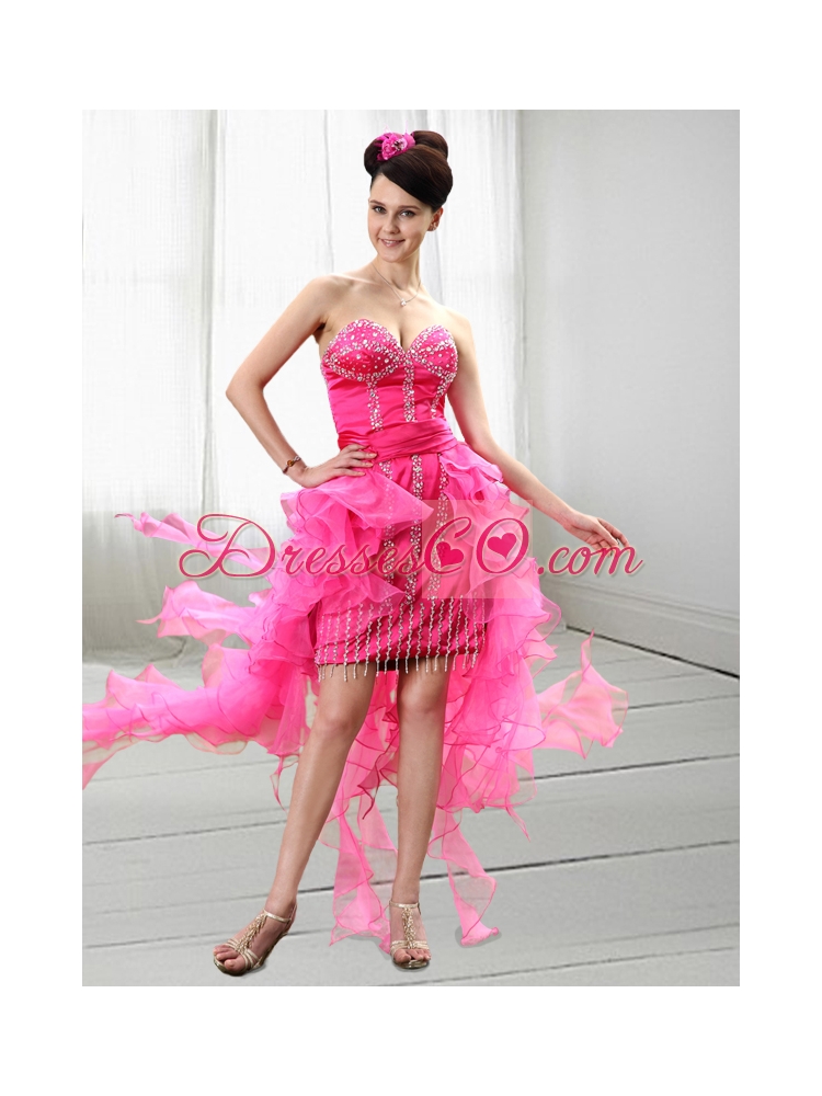Cute High Low Hot Pink Column Prom Dress with Beading