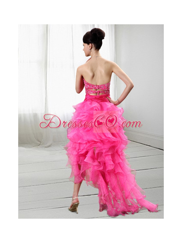 Cute High Low Hot Pink Column Prom Dress with Beading