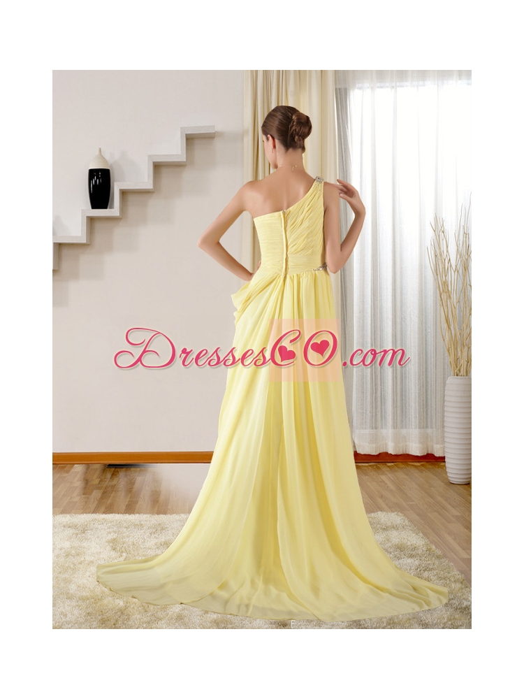 Elegant Column One Shoulder Brush Train Beading  Prom Dress in Yellow