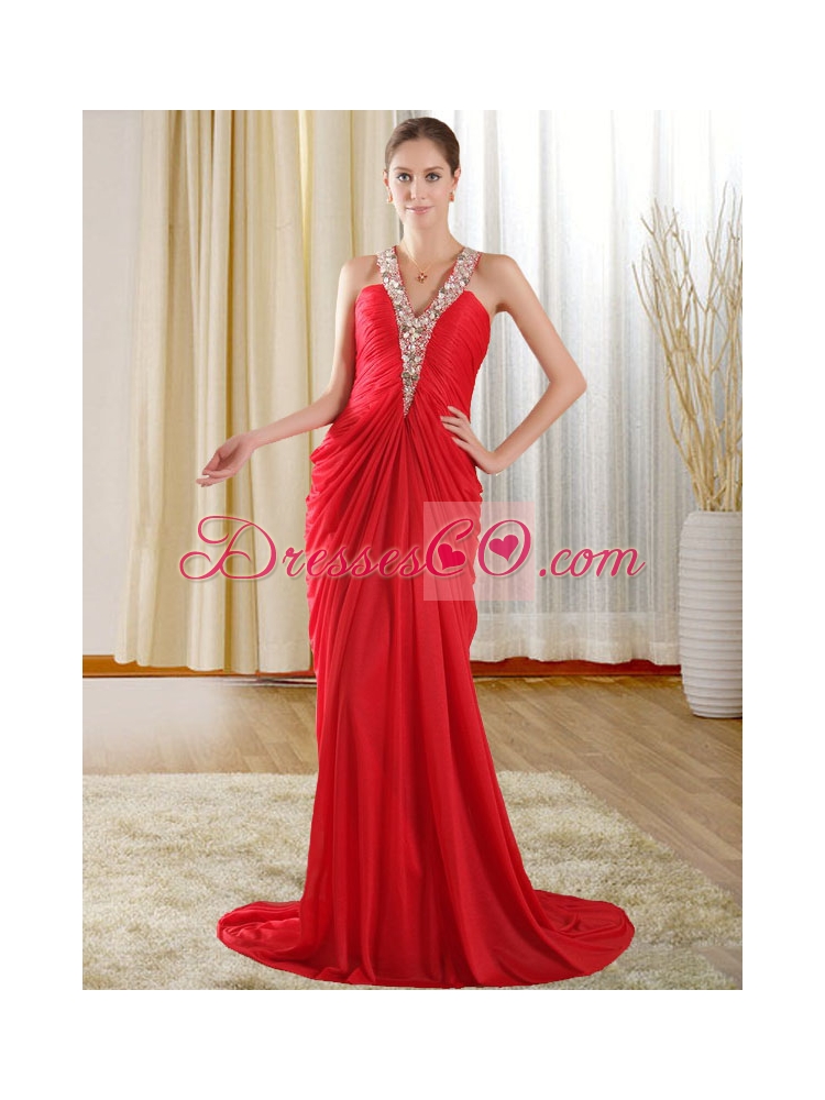 Fashionable Halter Beading Red Prom Dress with Chapel Train