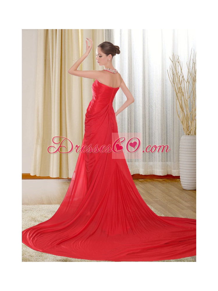 Fashionable Halter Beading Red Prom Dress with Chapel Train