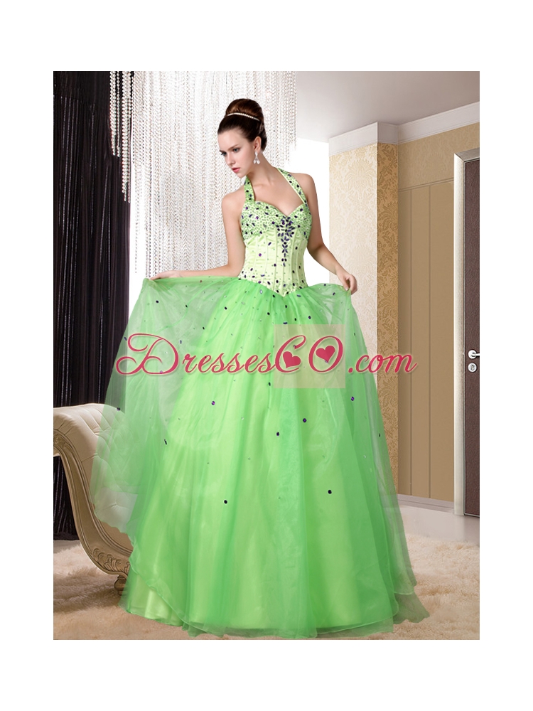 Good Looking Halter A Line Floor Length Beading Prom Dress in Spring Green