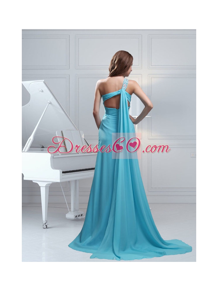 Hot Sale One Shoulder Watteau Train Column Prom Dress in Aqua Blue Color