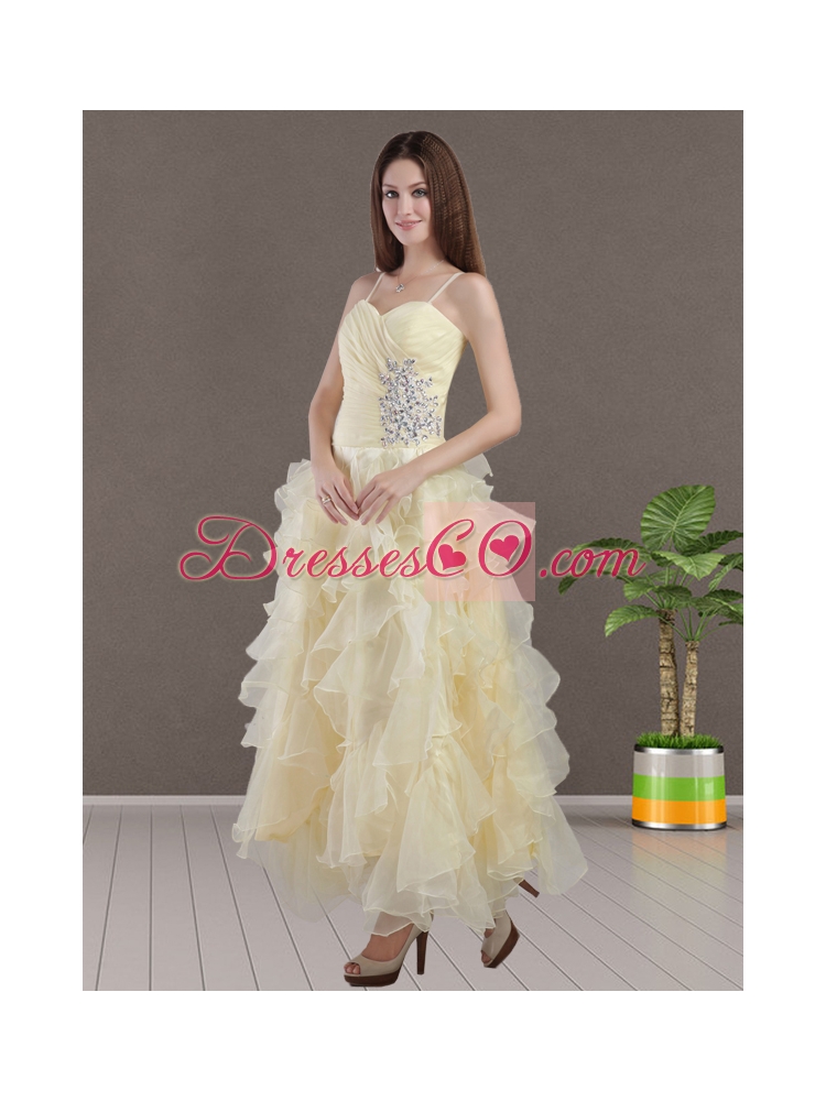Nice Straps Organza Beading Empire Prom Dress in Light Yellow