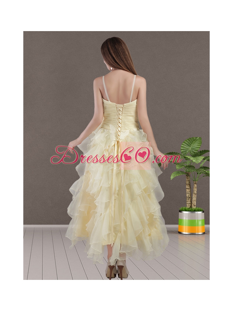 Nice Straps Organza Beading Empire Prom Dress in Light Yellow