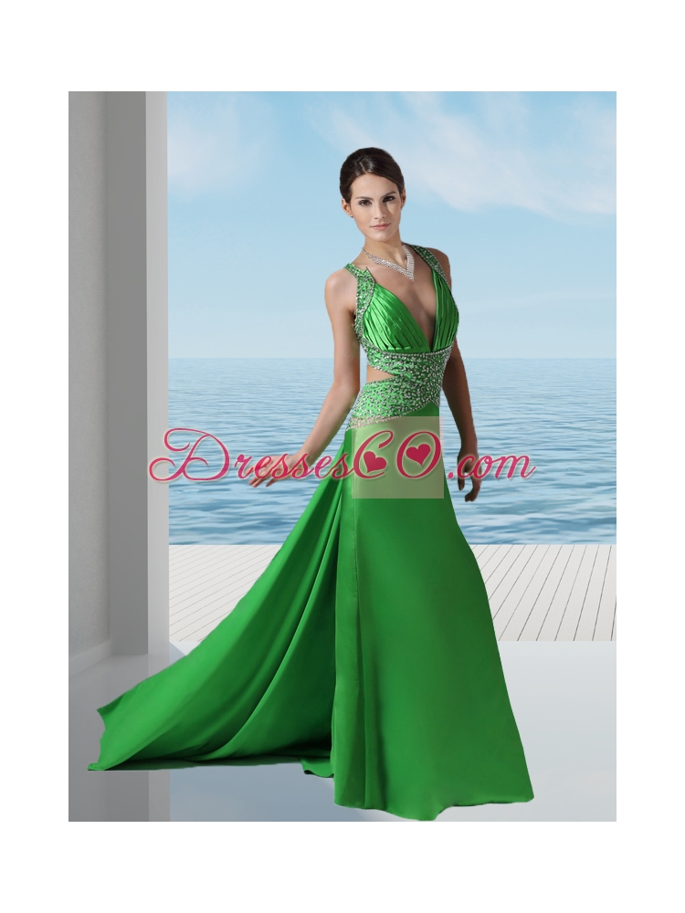 Sexy Spring Green V Neck Prom Dress with Beading and Ruching