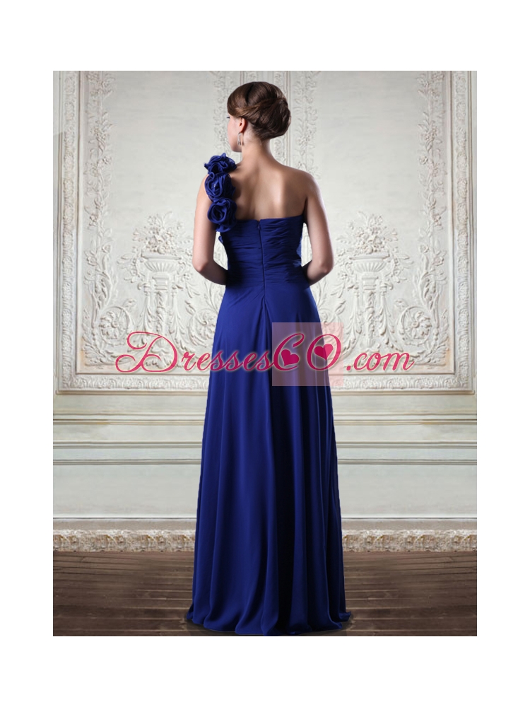 Sturning One Shoulder Chiffon Royal Blue Empire Prom Dress with Hand Made Flowers