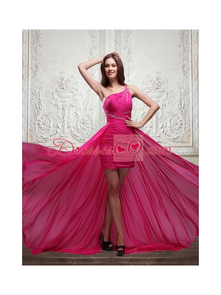 Sweet One Shoulder Beading Hot Pink Prom Dress with Brush Train
