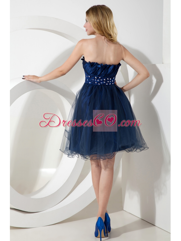 Charming Navy Blue Princess Strapless Organza Beading Prom Dress