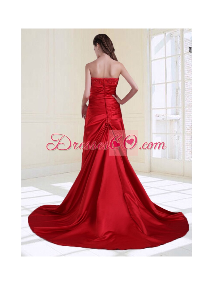 Column Strapless Beading Ruching Prom Dress with Court Train