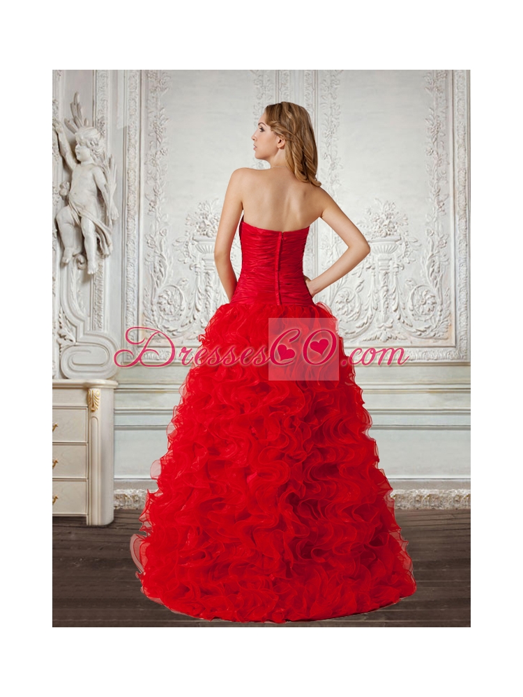 Column Red Prom Dress with Beading and Ruching