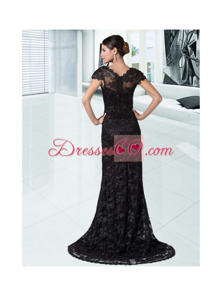 Elegant Black Lace Cap Sleeves Scoop Prom Dress with Sweep Train