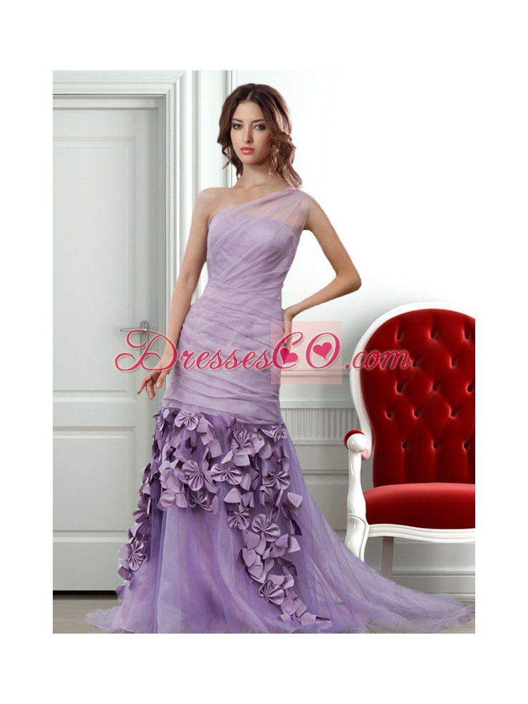Lavender One Shoulder Prom Dress with Ruching and Hand Made Flowers