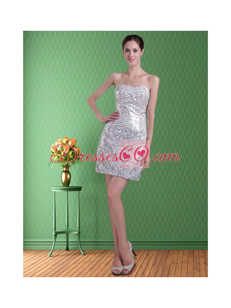 Natural Strapless Sequins Silver Column Short Prom Dress for