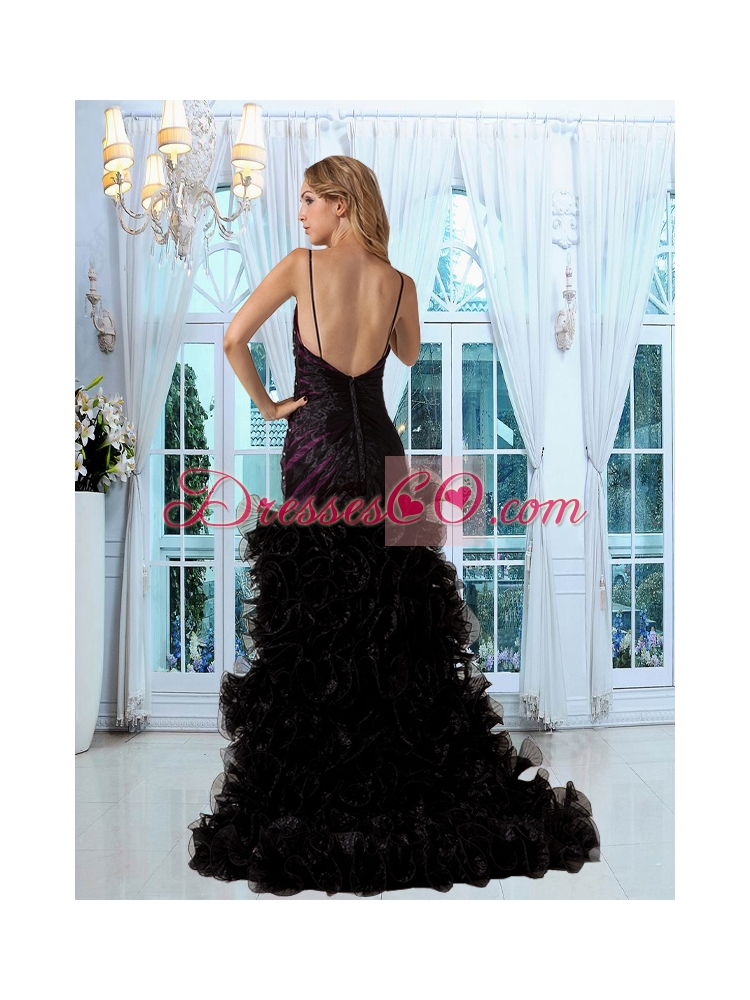 Noble High Low Straps Black Prom Dress with Beading and Ruching