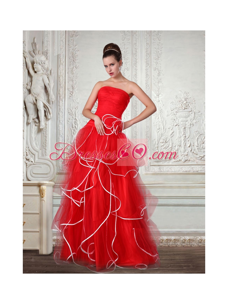 Red Floor Length Strapless Ruching A Line Prom Dress for