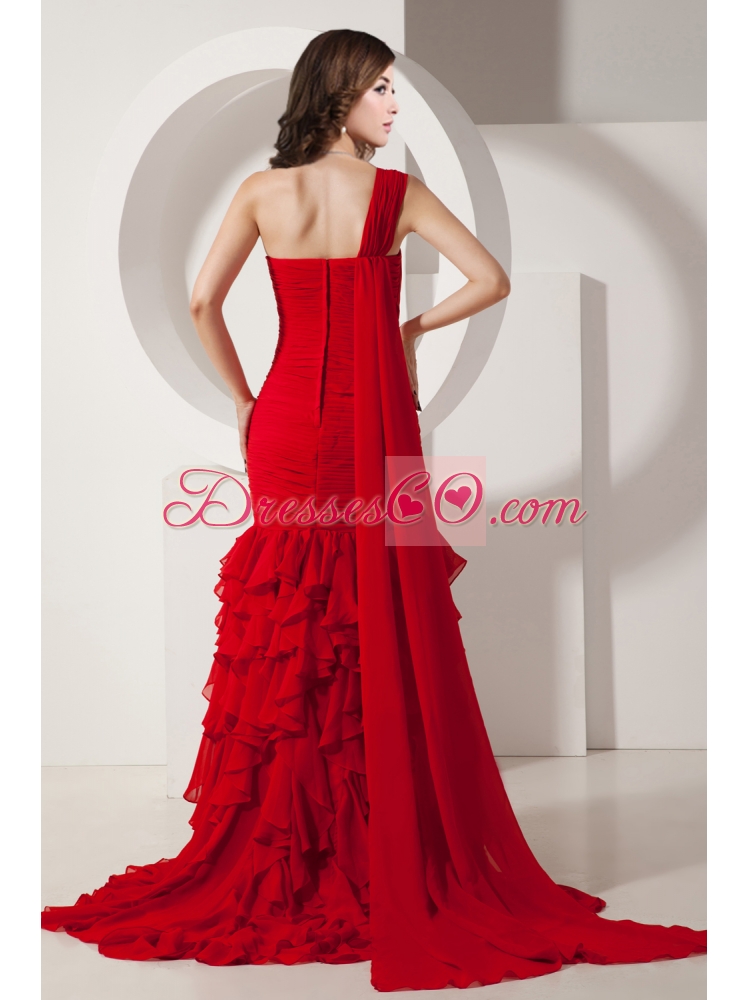 Red Mermaid Watteau Train Ruffled Layers  Gorgeous Chiffon Prom Dress with One Shoulder