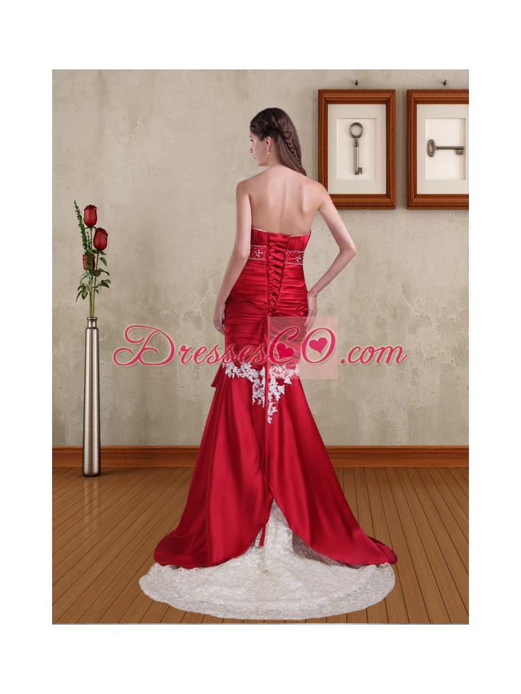 Sexy Mermaid Appliques and Beading Brush Train Red Prom Dress