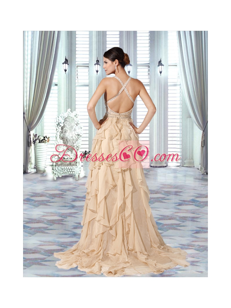 Sexy Ruffled Layers Beading Prom Dress with Brush Train
