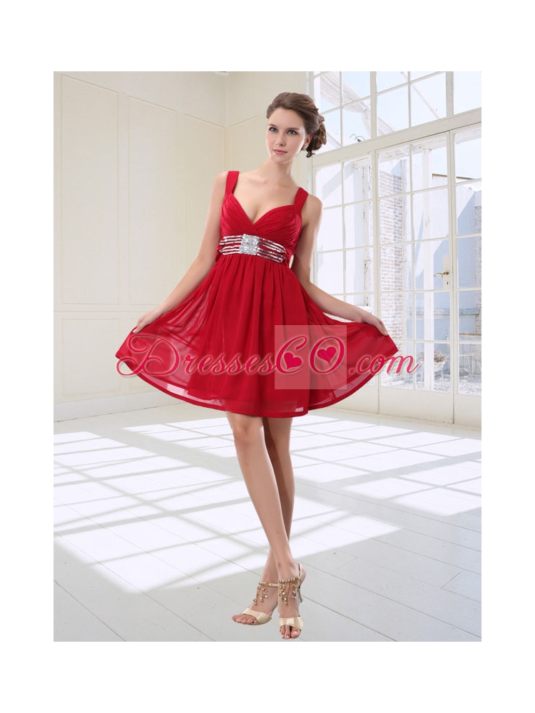 Simple Sequined Empire Straps Mini Length Prom Dress in Red