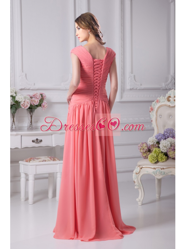 Elegant Watermelon Ruching V Neck Cap Sleeves Long Prom Dress