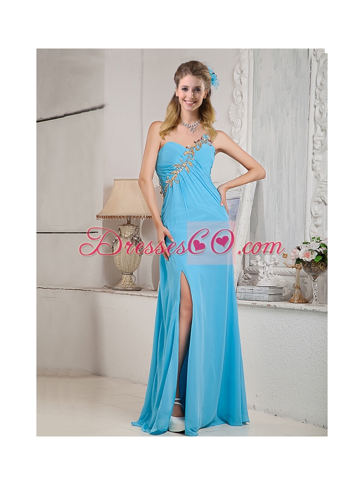 Modest Aqua One Shoulder Beading Colomn Chiffon Prom Dress