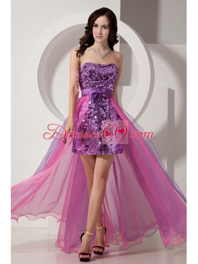 Purple and Pink Column High Low Bow knot Sequins Prom Dress